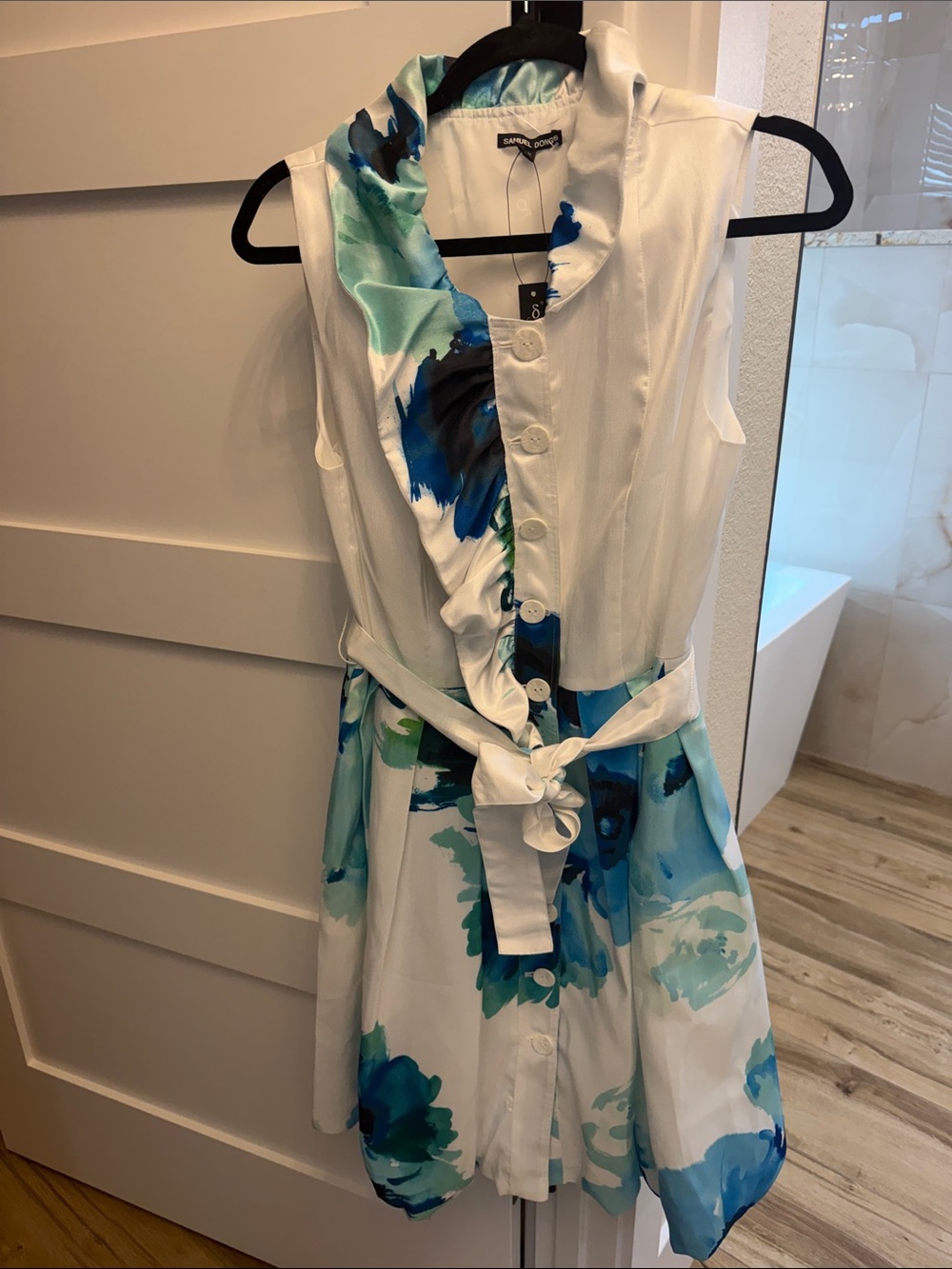 Samuel Dong White Dress with Blue and Green Floral Print